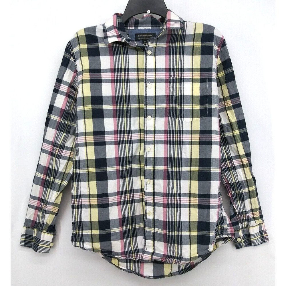 Banana Republic Mens Large Long Sleeve Shirt Slim Fit Black Magenta Plaid Preppy